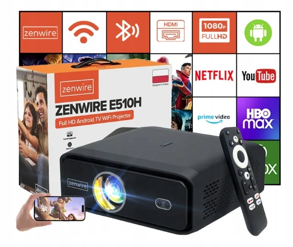 Zenwire E510H Mini Projektor Full HD 4K Rzutnik Android TV 11 WiFi 2.4/5 Ghz 500 Ansi 15000Lm Autofocus Autokeystone - zdjęcie 1