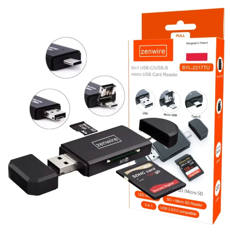 Czytnik Kart SD Adapter 5w1 Pendrive Micro USB USB-C OTG Zenwire BYL-2217TU - zdjęcie 1